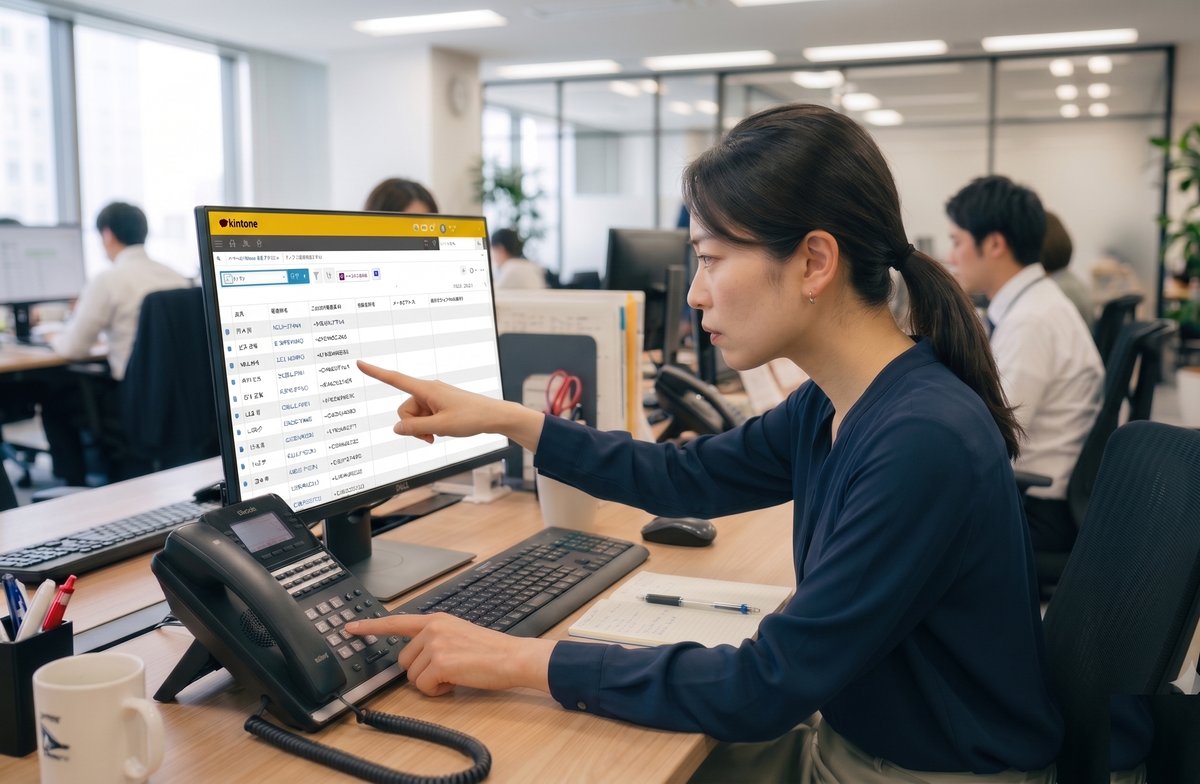 kintoneの画面を見ながら固定電話のキーを押す女性社員