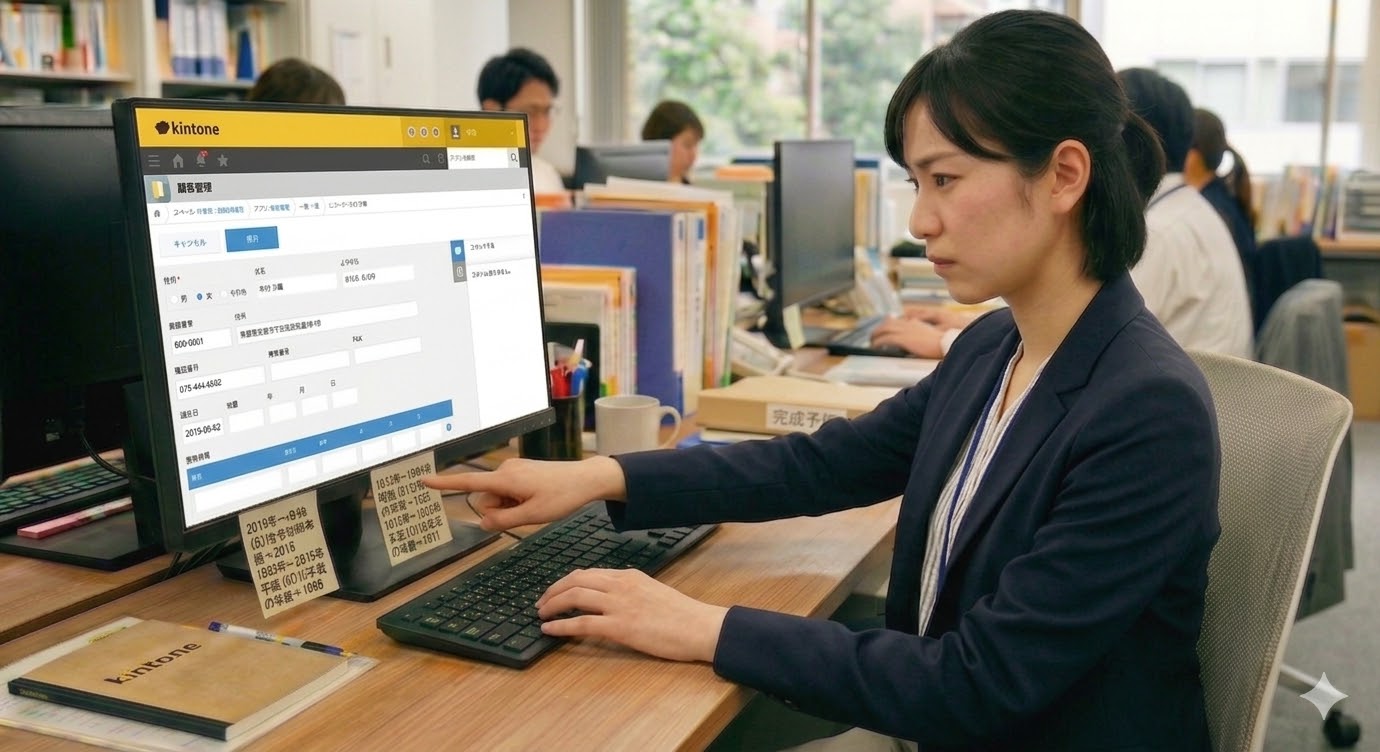kintoneの画面を見ながら変換表で和暦を確認するスタッフ