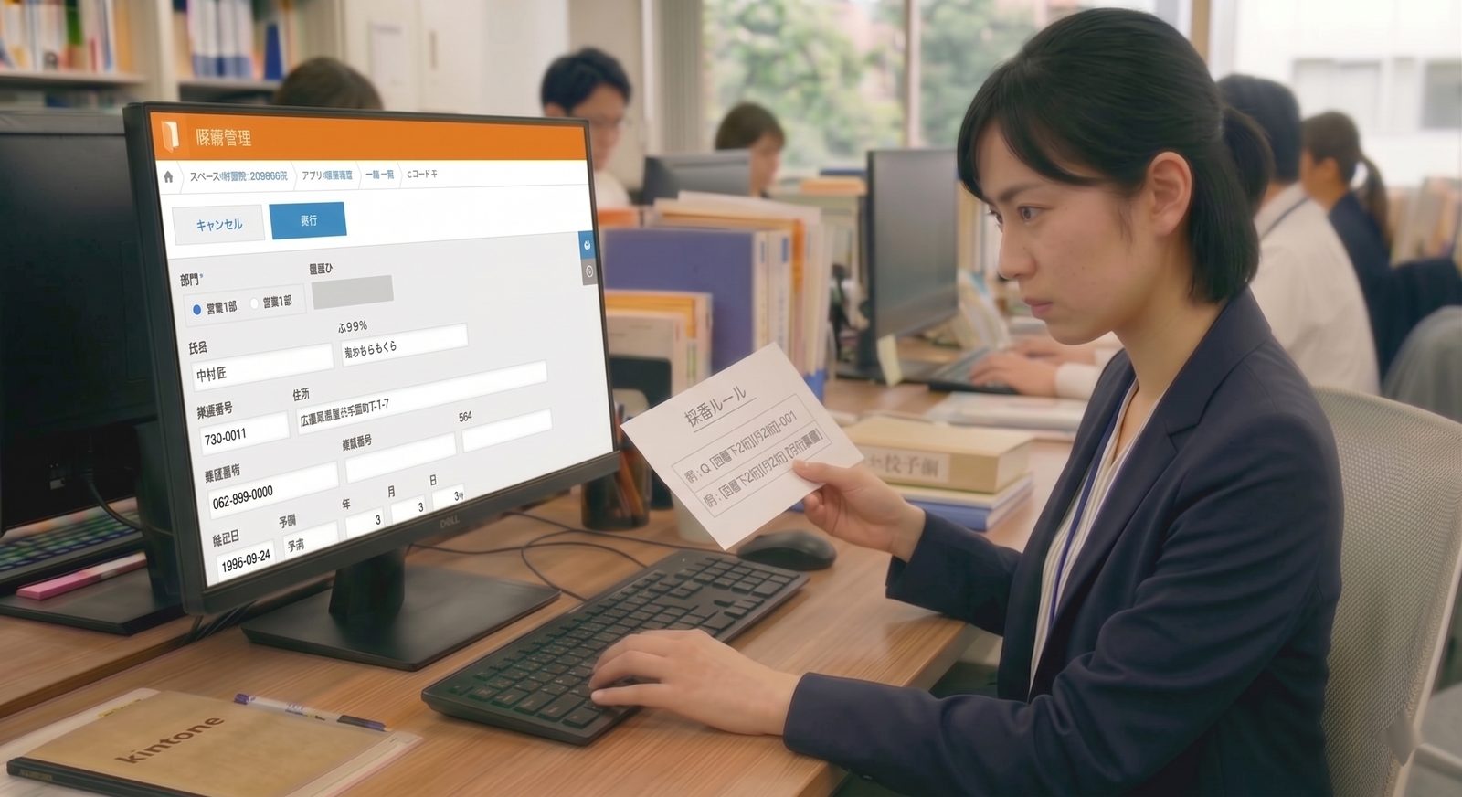 採番書類を確認しながらkintoneに入力するスタッフ