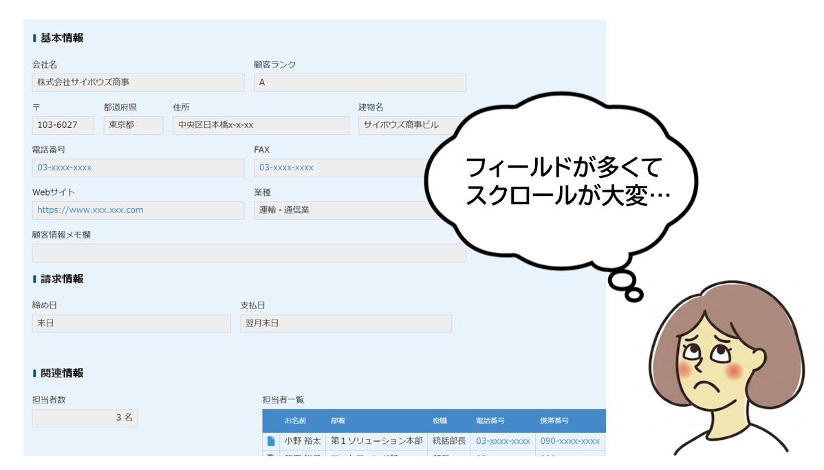 フィールドが多く縦に長くなったkintoneのレコード画面のイメージ