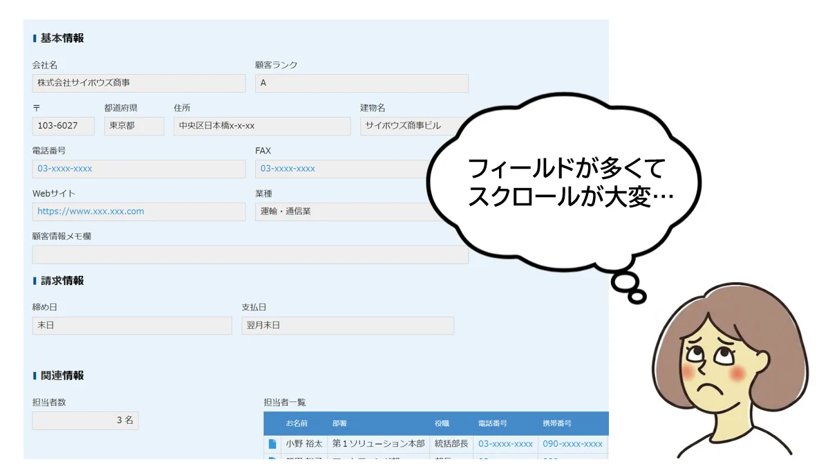 フィールドが多く縦に長くなったkintoneのレコード画面のイメージ