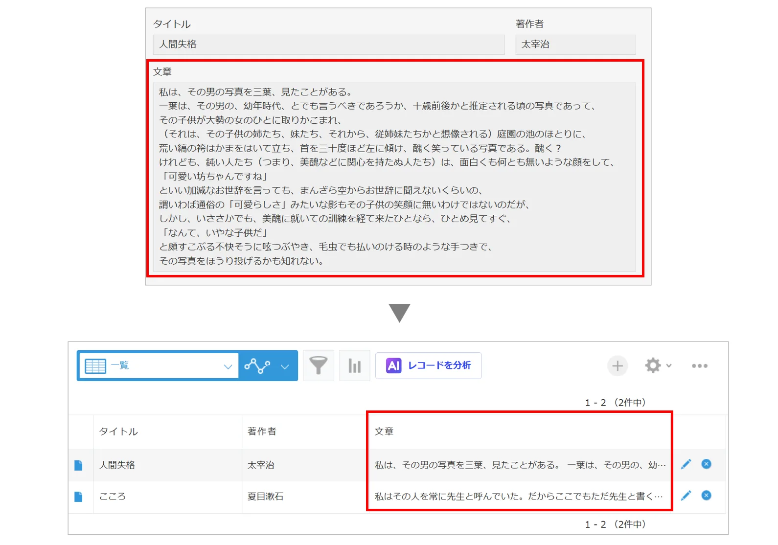 kintone一覧画面で改行が無視されて一行につながって表示されている状態