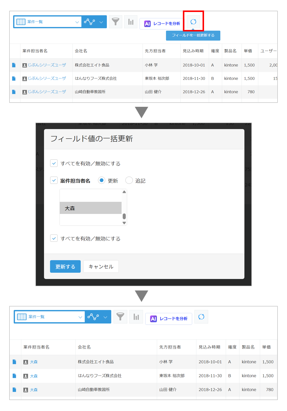 一覧画面でレコードを選択して一括更新するプラグインの動作イメージ