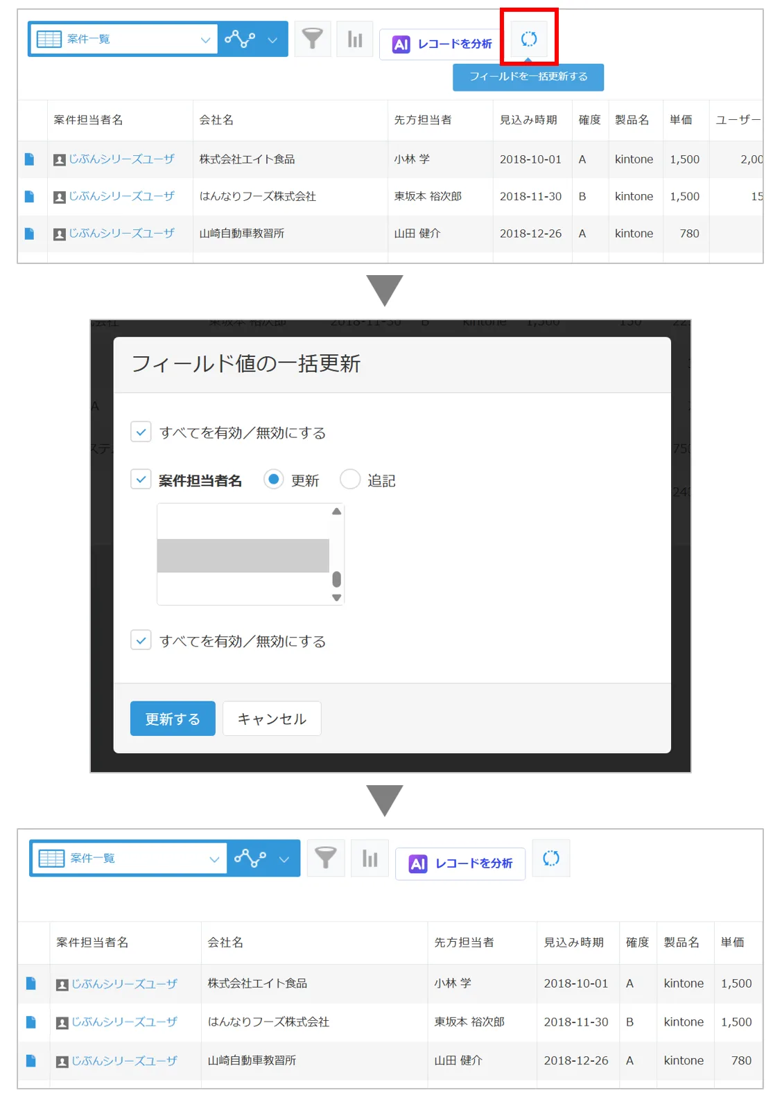 一覧画面でレコードを選択して一括更新するプラグインの動作イメージ