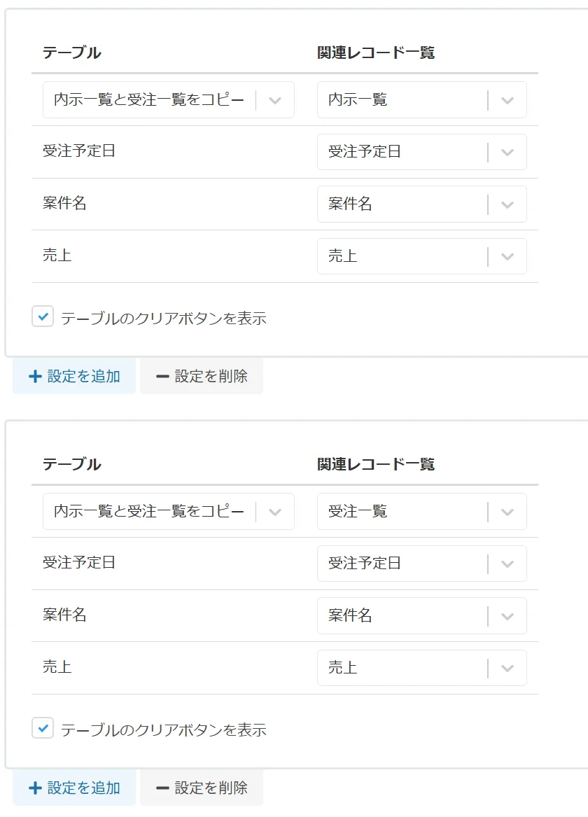 2つの関連レコード一覧を1つのテーブルにまとめる設定例