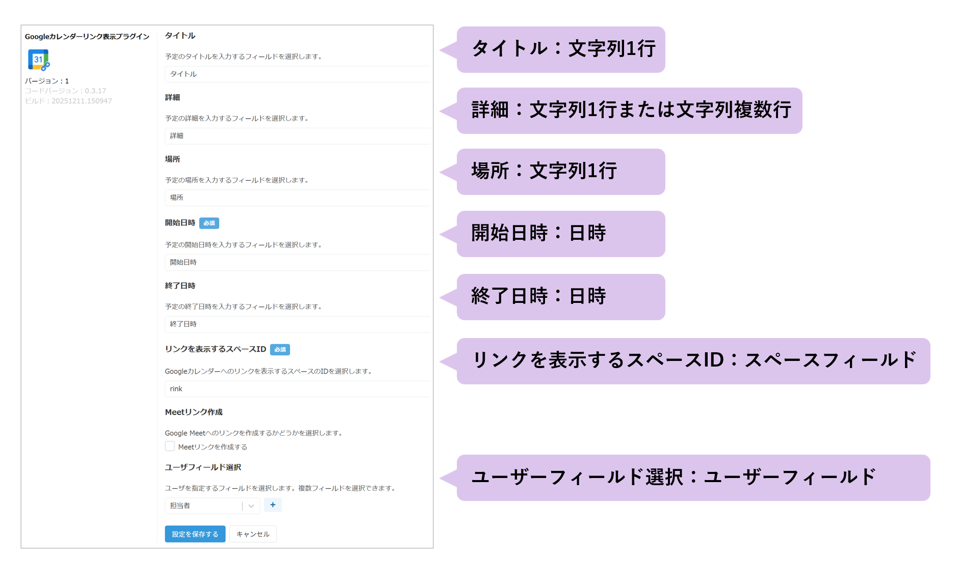 各設定項目ごとに対応しているkintoneフィールドタイプの一覧
