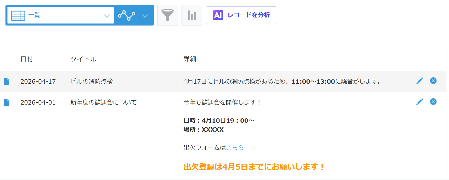 一覧画面でリッチテキストが書式付きで正しく表示されている様子