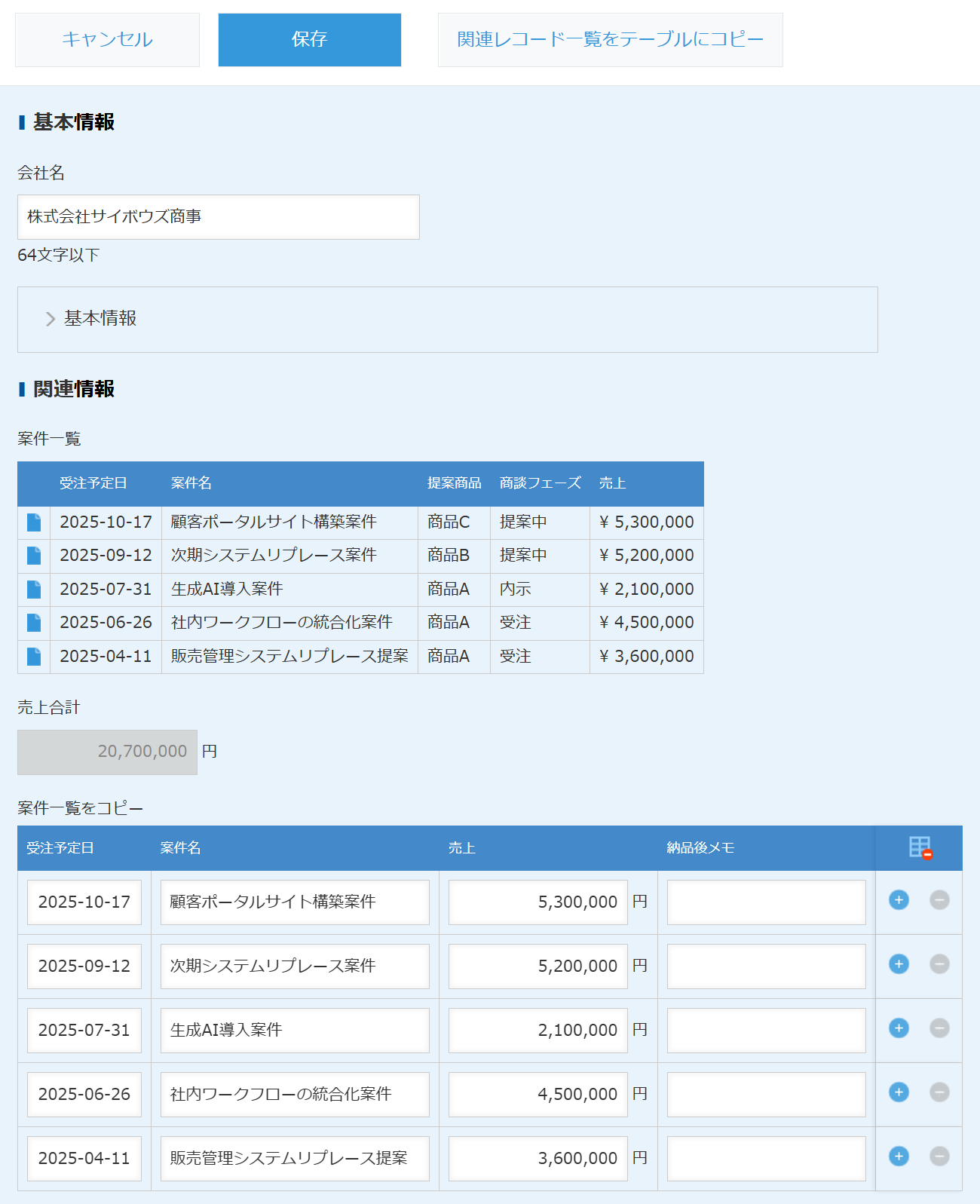 関連レコード一覧のデータをテーブルにコピーする動作イメージ