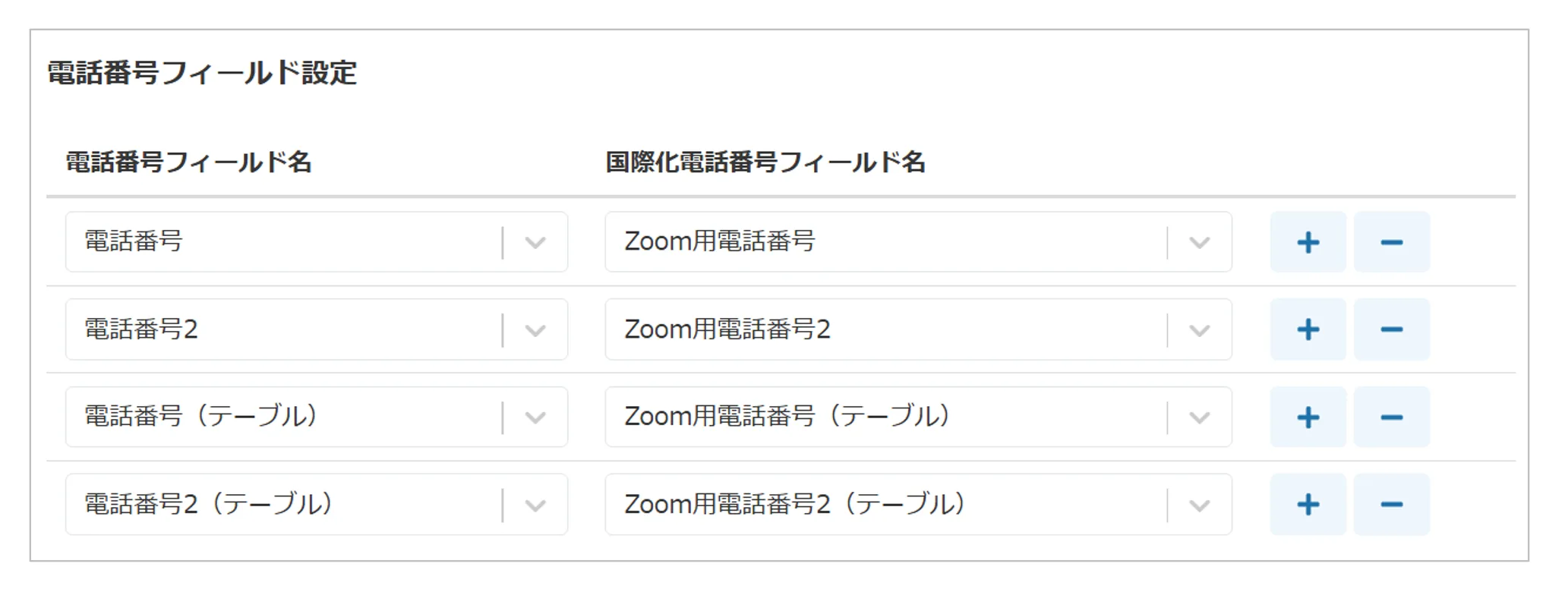 電話番号フィールド設定で連携する電話番号フィールドを選択する
